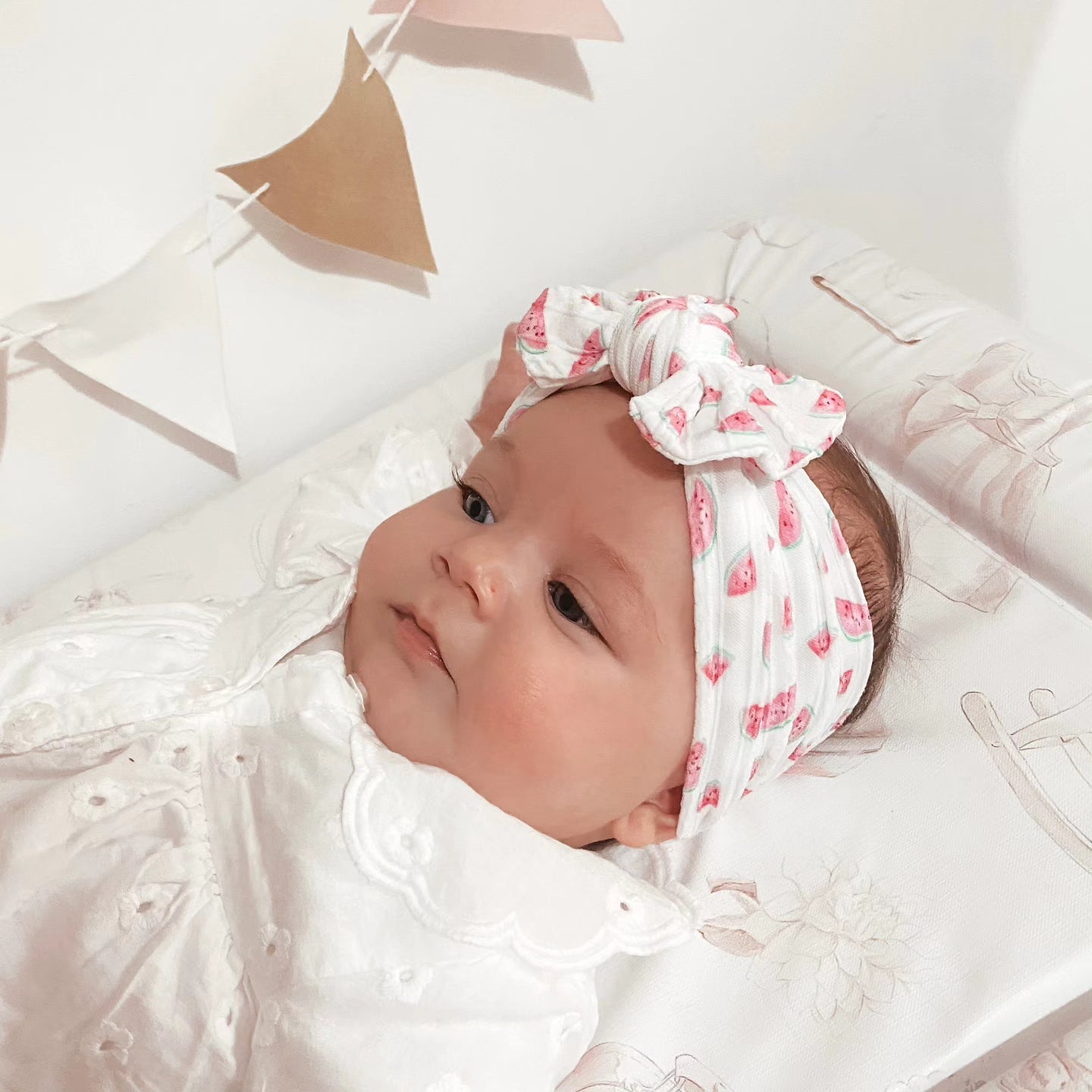 White Watermelon Print Smaller Bow Headband For Baby Girls - Image 1