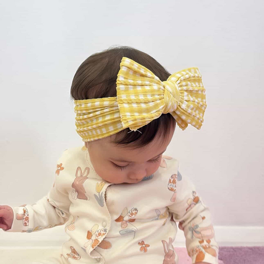 Yellow Gingham Larger Bow Headband For Newborns to Toddlers - Image 1