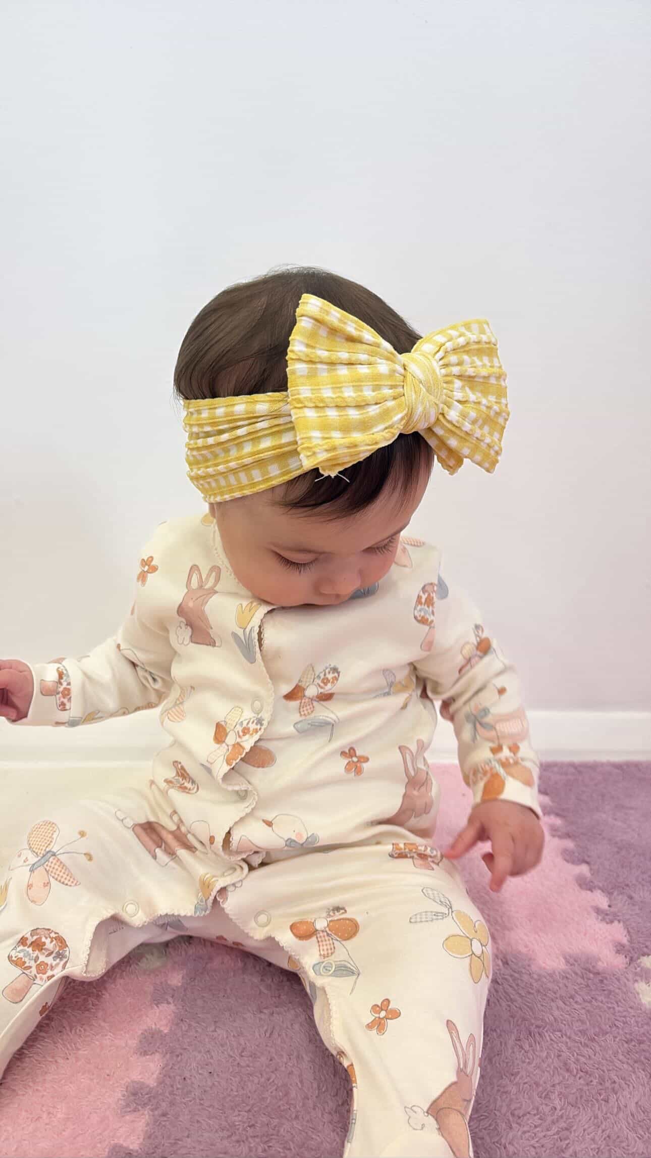 Yellow Gingham Larger Bow Headband For Newborns to Toddlers - Image 3