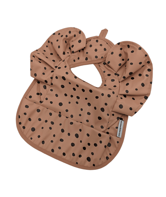 Salmon Pink Dalmatian Frill Detail Waterproof Bib with Sleeves - Betty Brown Boutique Ltd