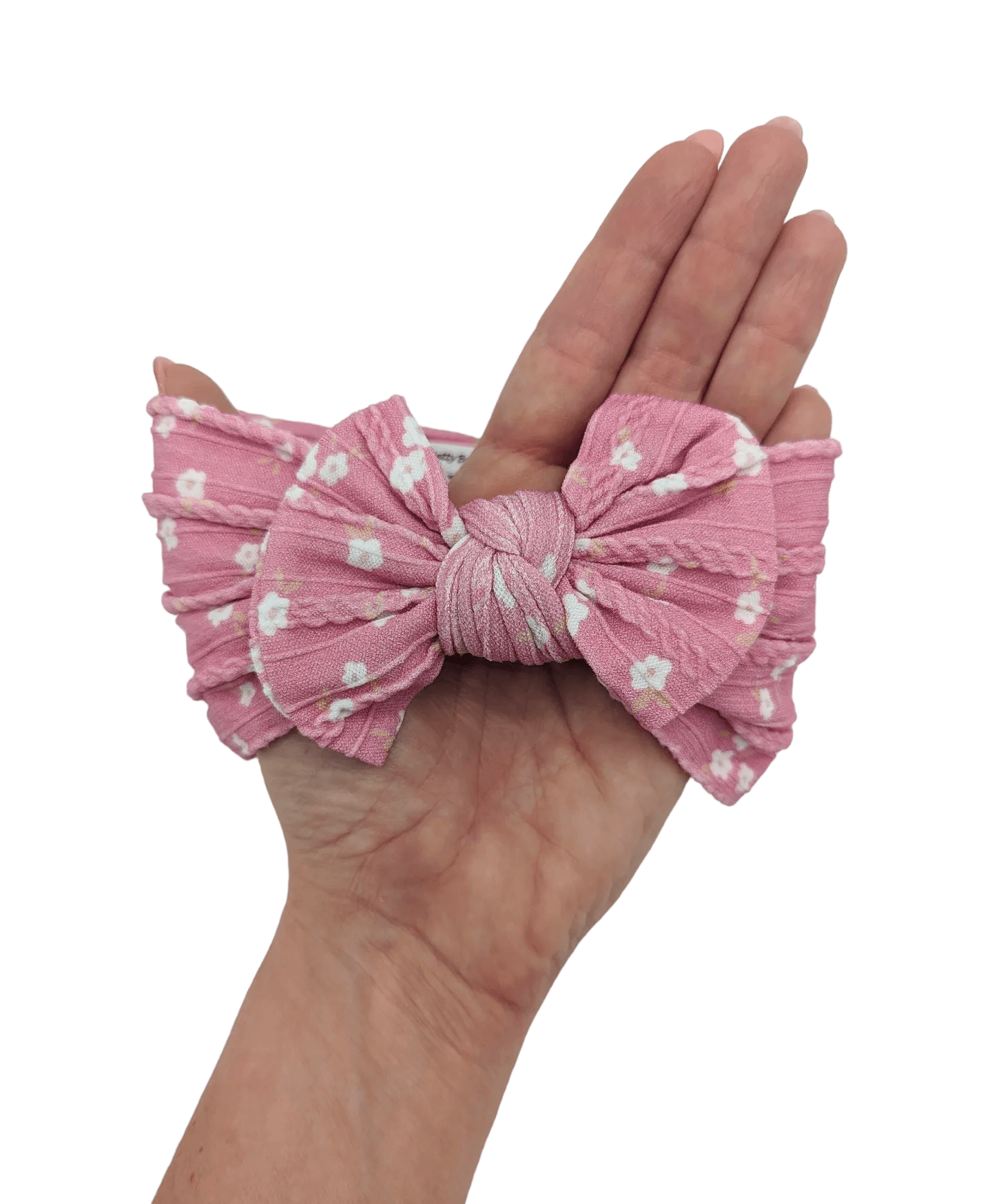 Darker Dusty Pink Ditsy Floral Smaller Bow Cable Knit Headwrap - Betty Brown Boutique Ltd