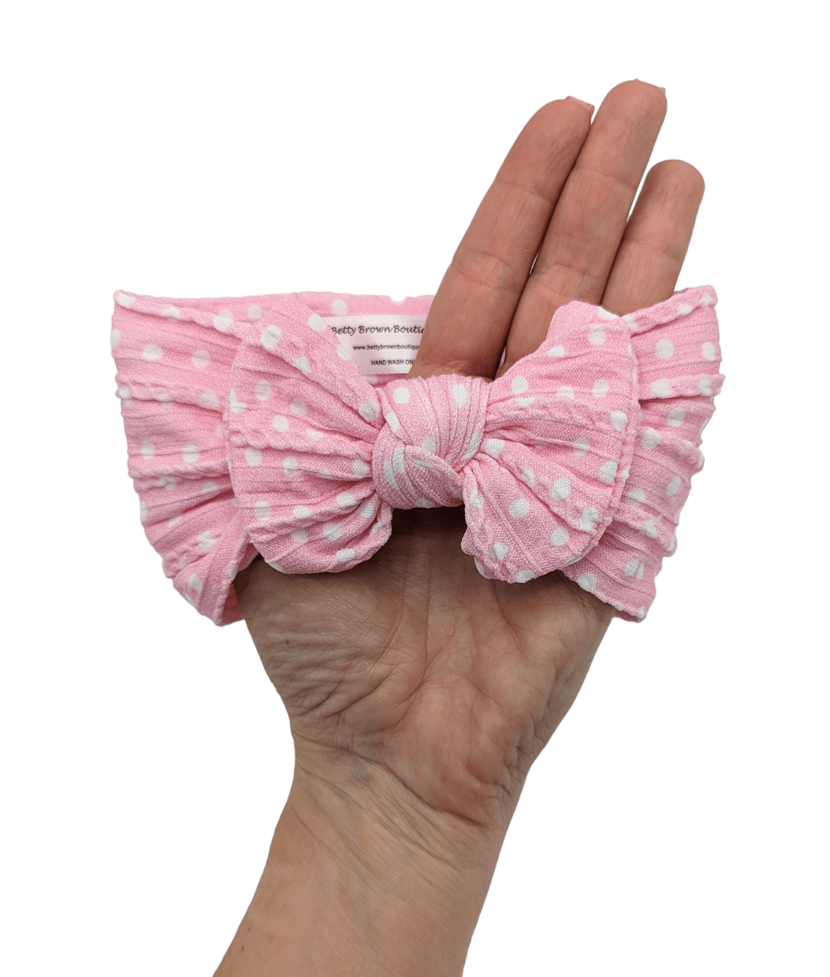 Pale Pink Polkadot Smaller Bow Cable Knit Headwrap - Betty Brown Boutique Ltd