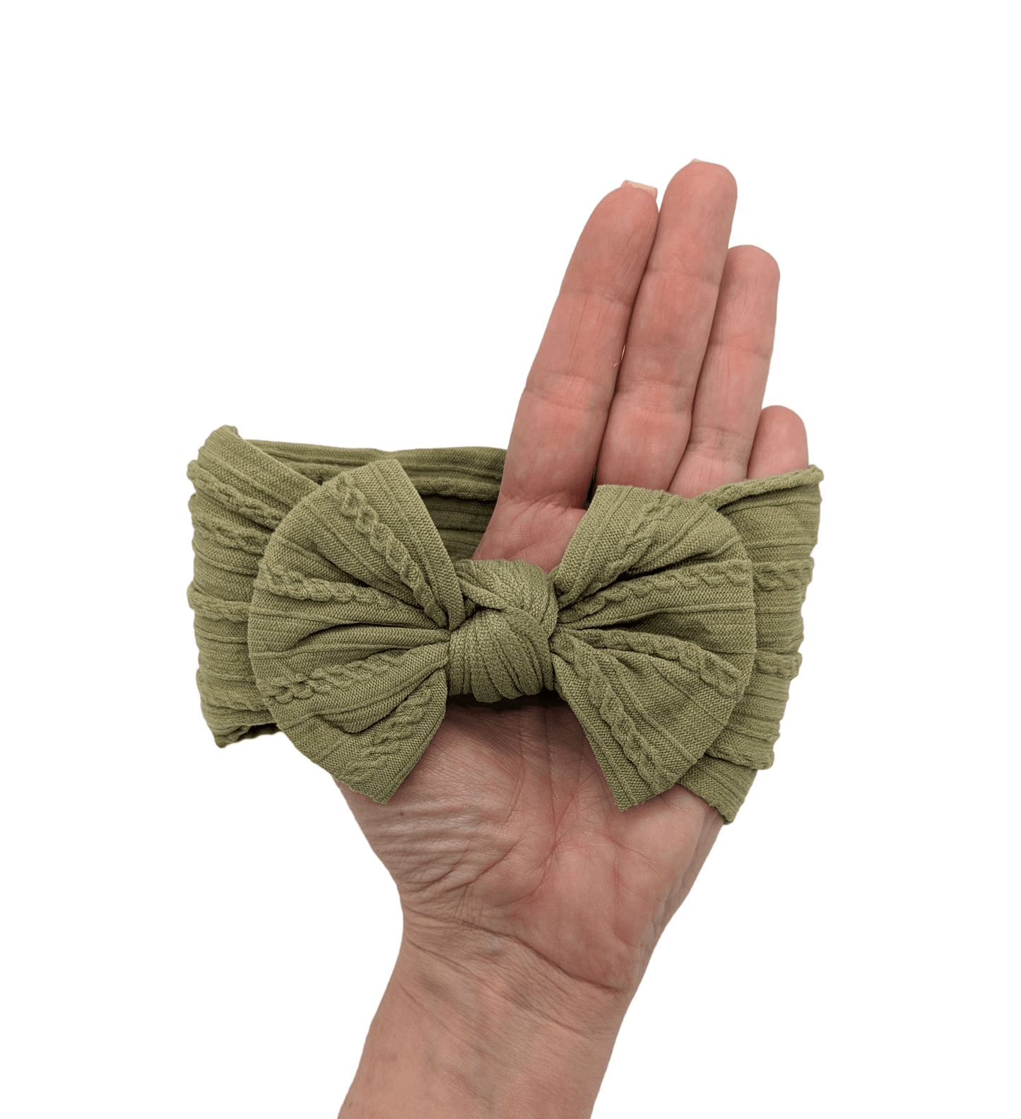 Pale Khaki Green Smaller Bow Cable Knit Headwrap - Betty Brown Boutique Ltd