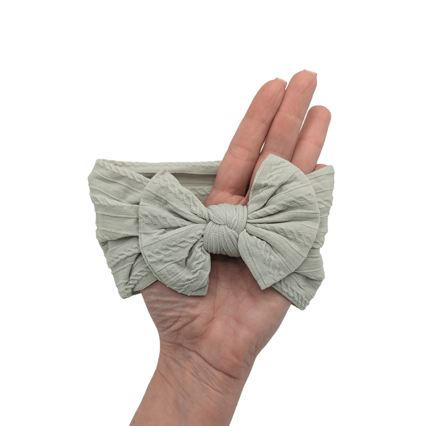 Sage Green Smaller Bow Cable Knit Headwrap - Betty Brown Boutique Ltd