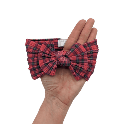 Red Tartan Smaller Bow Cable Knit Headwrap - Christmas Collection - Betty Brown Boutique Ltd