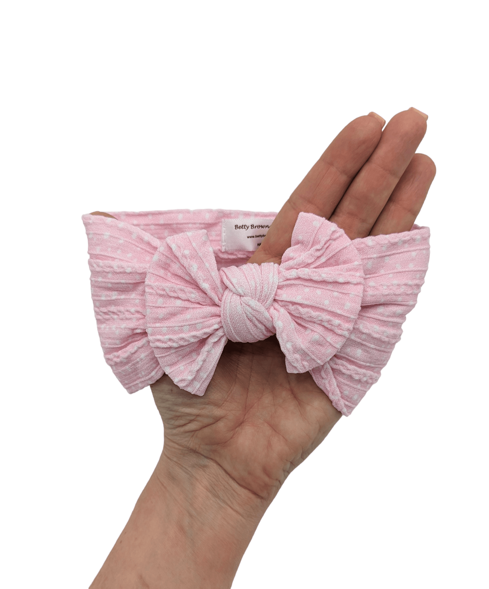 Pink Polkadot Smaller Bow Cable Knit Headwrap - Betty Brown Boutique Ltd