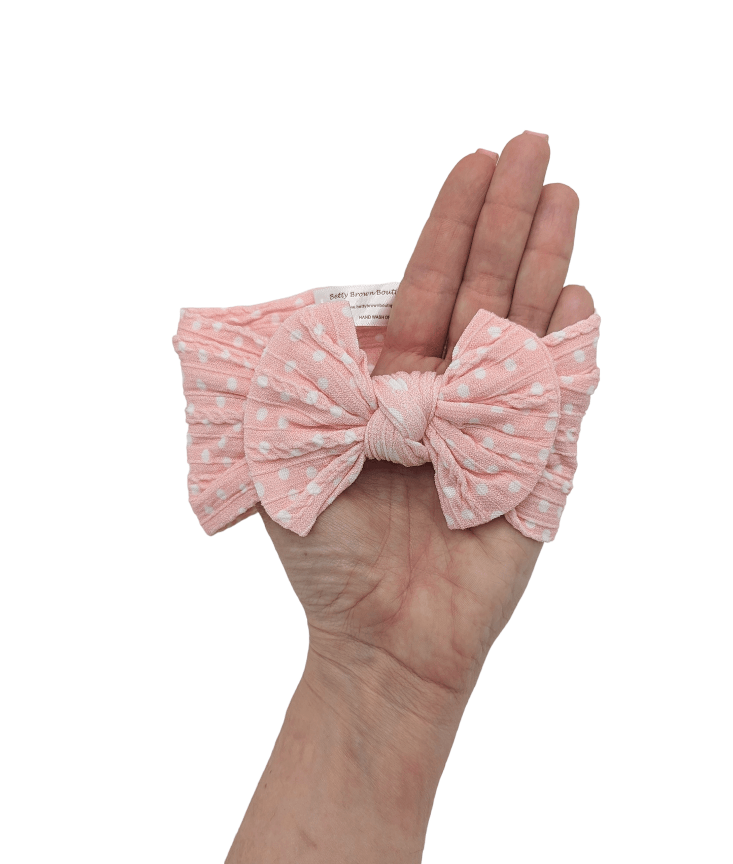 Warm Pink Polkadot Smaller Bow Cable Knit Headwrap - Betty Brown Boutique Ltd
