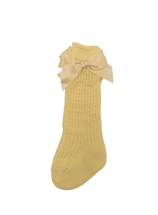 Daffodil Yellow Open Pattern Sparkle Knee High Bow Socks - Betty Brown Boutique Ltd