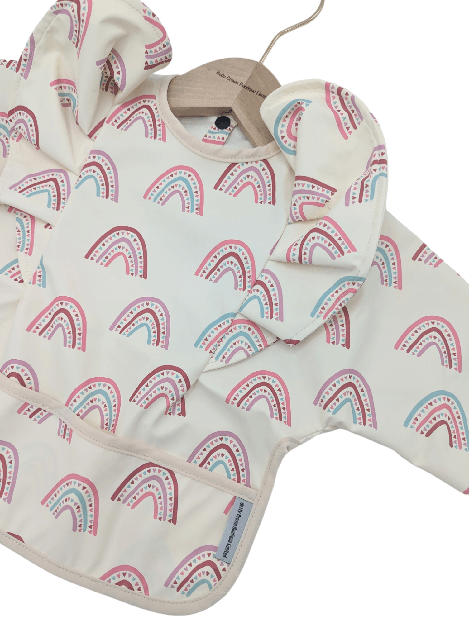 Pink Rainbow Waterproof Frill Detail Bib with Sleeves - Betty Brown Boutique Ltd