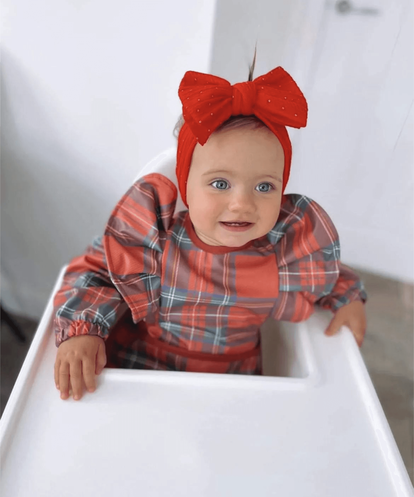Bright Red Tartan Frill Detail Waterproof Bib with Sleeves - Christmas Collection - Betty Brown Boutique Ltd