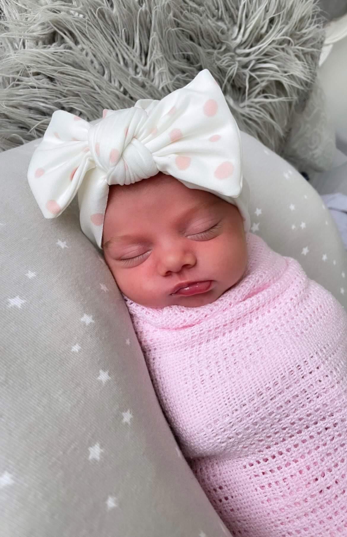 Pink & White Dalmatian Turban Hat With Bow For Newborns to Age 2 - Image 4